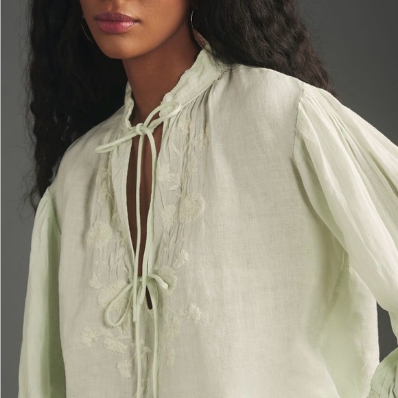 By Anthropologie Linen Long-Sleeve Blouse Mint NWT Size Large Petite - Picture 6 of 9
